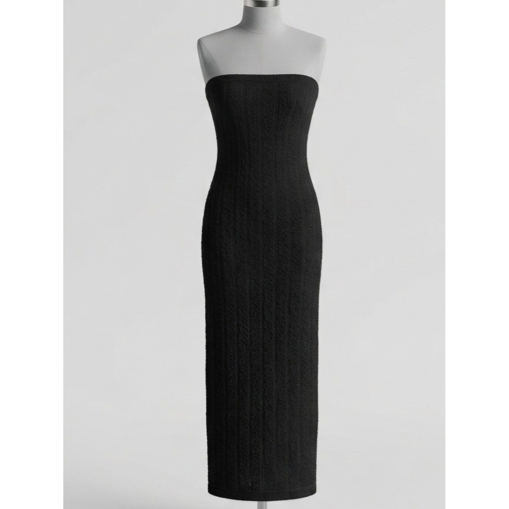 Black Whimsigoth Textured Grunge Strapless Maxi Tube Dress Stretchy Column Y2K